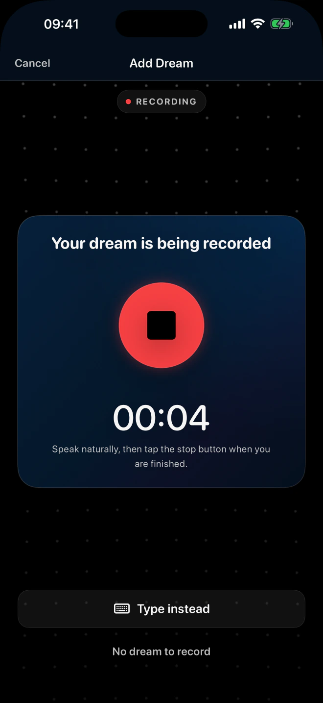 Lucide’s voice recording screen with a timer and an option to type instead.