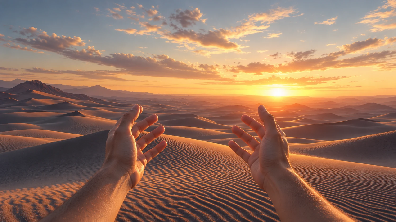 First-person view of two hands reaching toward a golden sunrise across endless sand dunes.