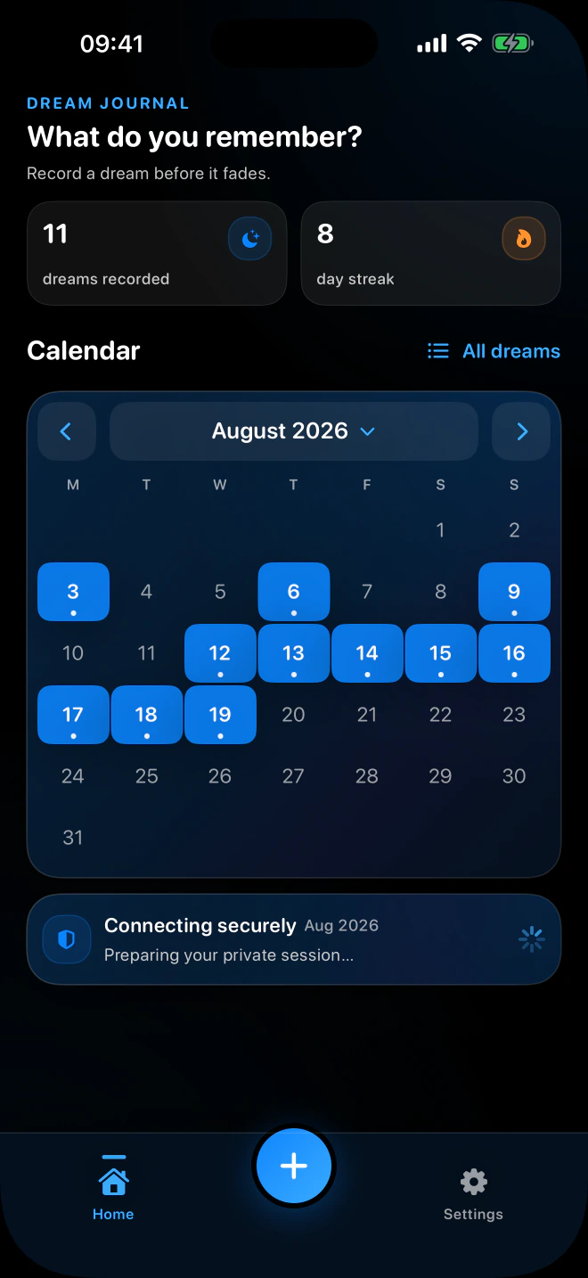Lucide’s home calendar highlighting days with saved dreams.