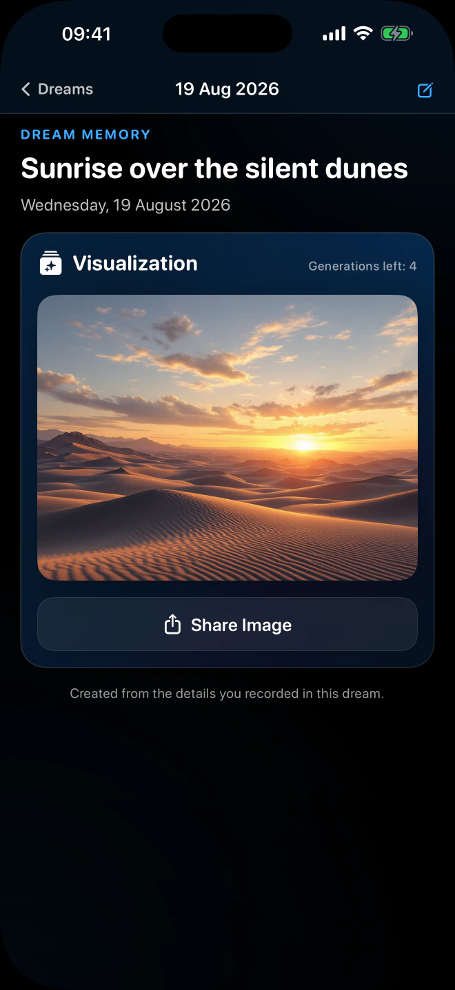 Lucide’s dream visualization screen showing sunrise over the silent dunes.